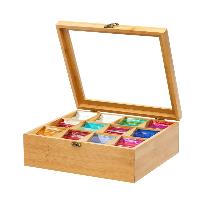 Bamboo Tea Storage Organizer with Clear Acrylic Top Window, 12 Compartments Eco-Friendly Tea Bag Holder