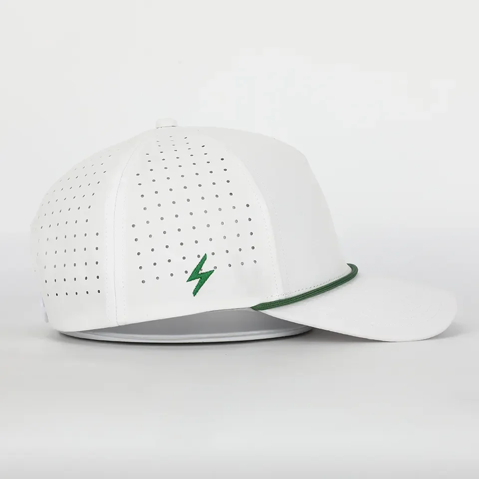 Custom Logo 5 Panel Plain Blank Golf Cap Cut Hole Perforated Classic Quick Dry Polyester Rope Hat