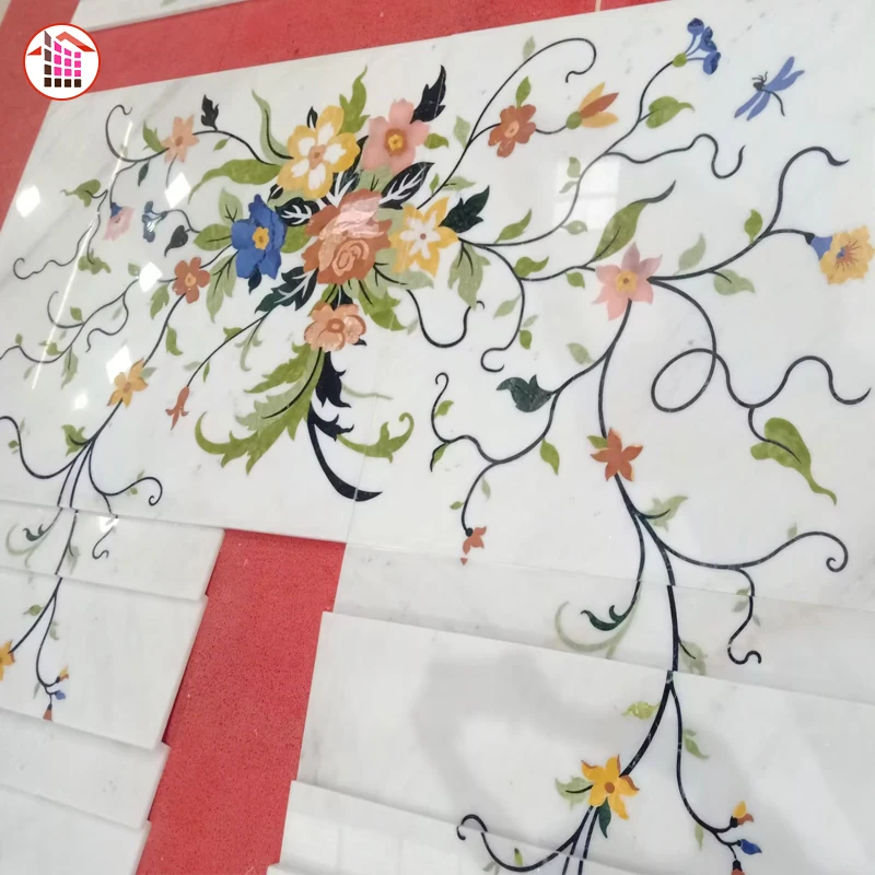 China factory Villa Indoor Beige marble Luxury Waterjet Flower Natural marble Stair steps And Risers Marble Staircase Design