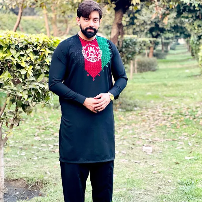 Wholesale Stitched Kurta men shalwar kameez pakistani in Navy Blue Color in wash & wear over Heavy Embroidery at Neckline