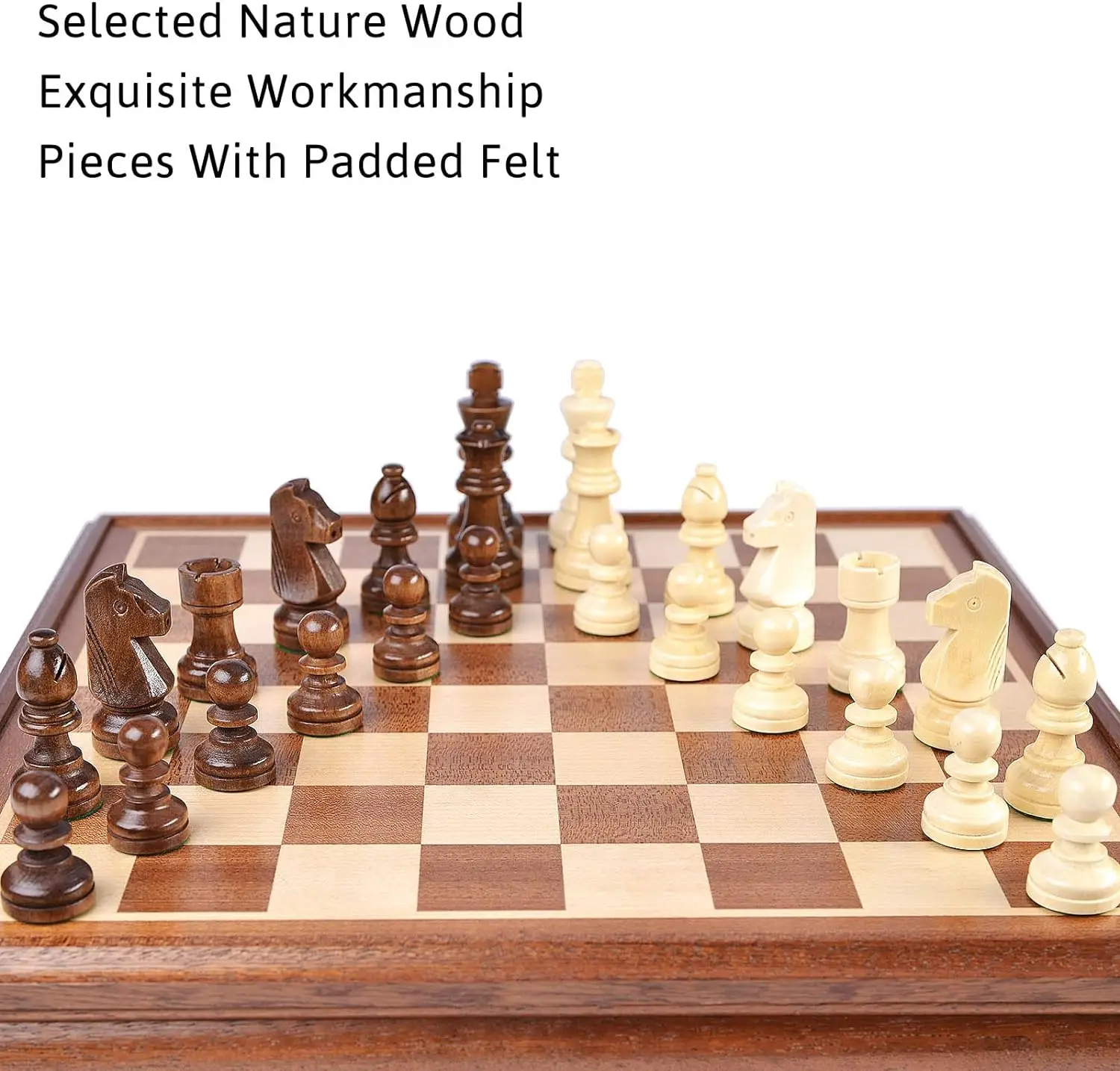 Chess and Checkers Board Game Sets for Adults Wooden Deluxe 15 inch Wood Board Box with Storage Classic 2 in 1with Chess Pieces