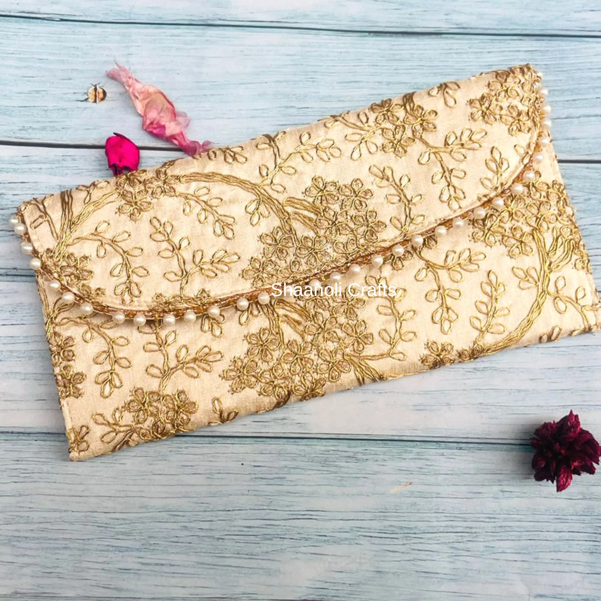 Handmade Indian Ethnic Slim Mobile Pouch Zardozi Embroidery Pattern Polyester Lining Button Closure Wedding Favor Gift Bag