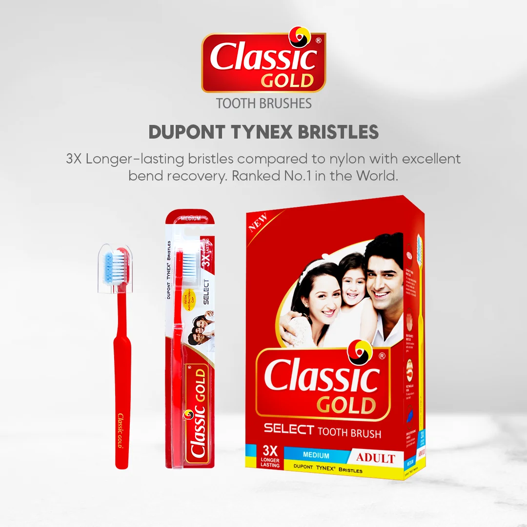 Classic Gold Select Medium Dupont Tynex Bristles Manual Toothbrush for Adults With Also Anti Bacterial Crystal Clear Cap