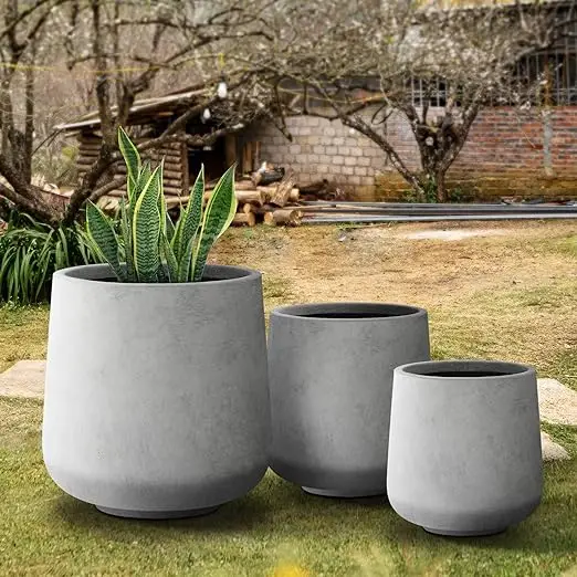 Round Concrete Planter Large Outdoor Indoor Planter Pots for Home Garden Patio Weathered Concrete