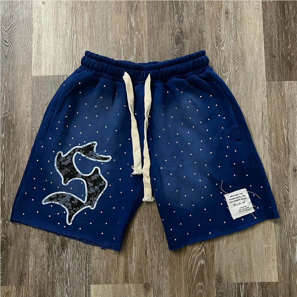 OEM Custom Logo rhinestone screen Print Drawstring Acid Wash Shorts 100% Cotton Sunfade Shorts For Men