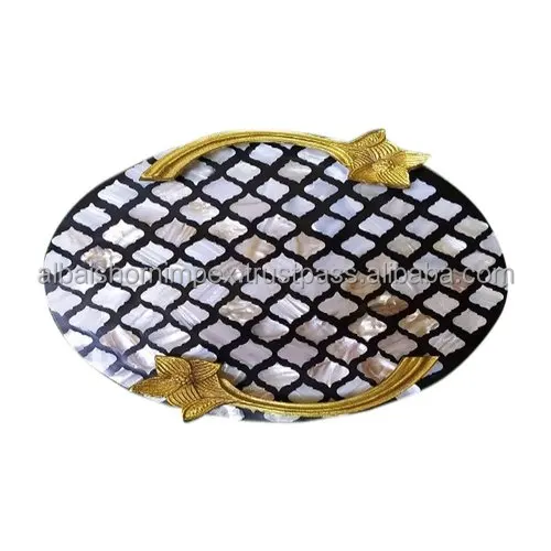 best quality customized made all size eid ramadan gifts trays bowl plates with handle mother of pearl bone inlay wooden serving