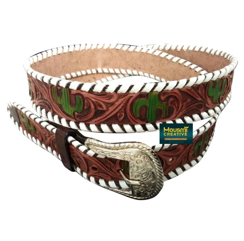 Fully Adjustable Western Tooled Leather Belt Lace Braided Cowboy Fashion Belt Low Price Factory Customization By Indian Exporter