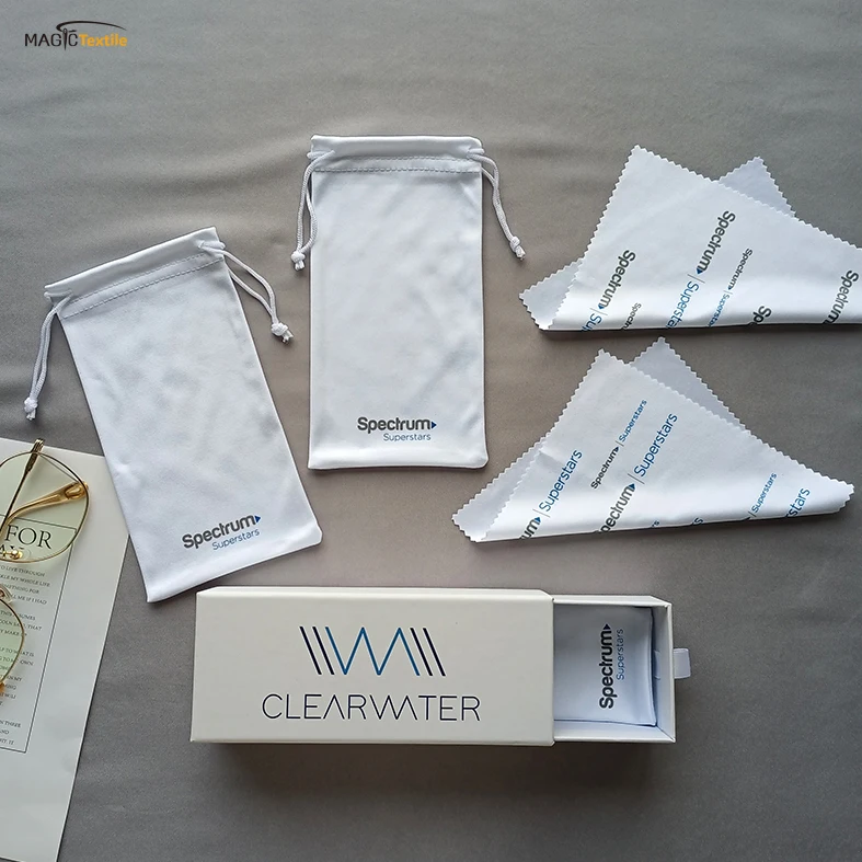 Wholesale White Luxury Drawstring Microfiber Packaging 180gsm Eye Glasses Sunglasses Pouch Bag And Cloth With Logo
