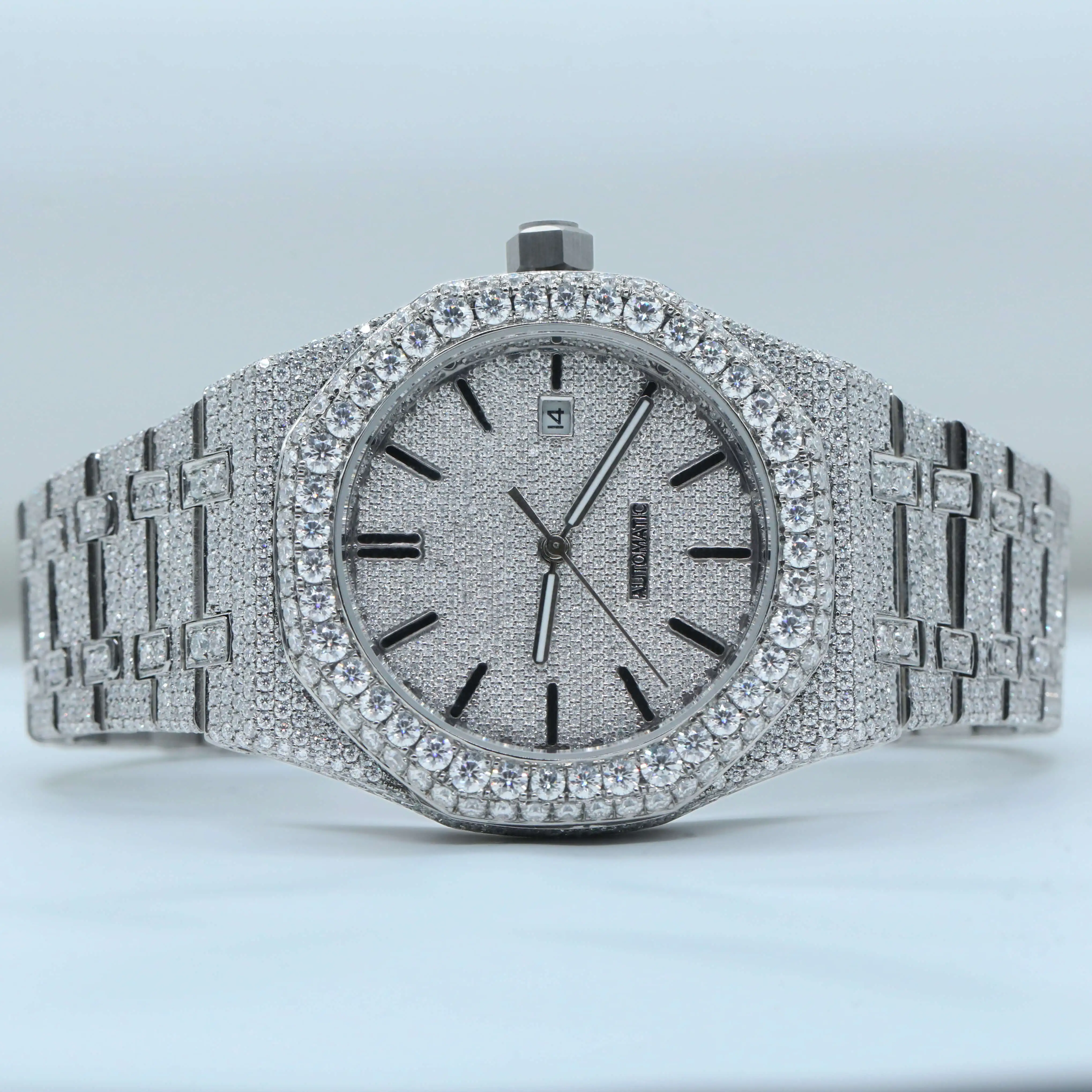 Elegant Stainless Steel Round Moissanite Watch / Iced Out Date Watch - Automatic Movement Available