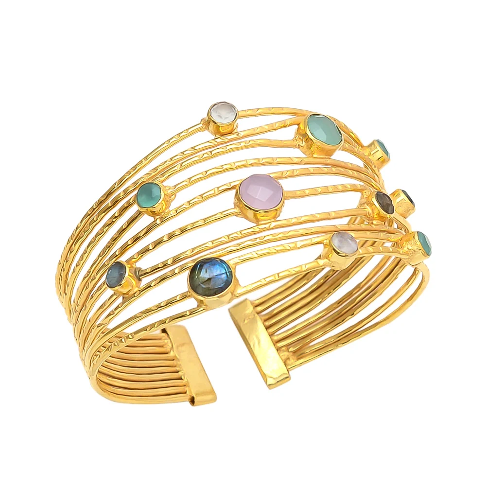 Rainbow Gemstone and Gold Bangle Bracelet, Multicolored Stone and Gold Stacking Bracelet