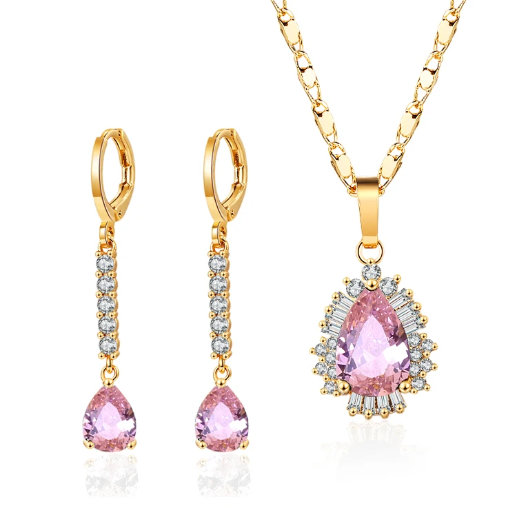QUALITY AAA CZ STONE 18k gold plated luxury cubic zirconia long drop earrings and pendant necklace party wedding sets jewelry