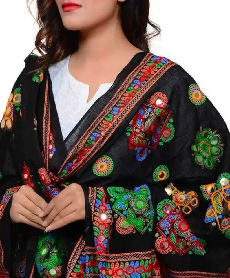 Embroidered Foil Mirror Work Dupatta Colorful Scarves Ethnic Wear Shawls Indian Pakistani Scarf Cotton Shawl Chunni Headscarf
