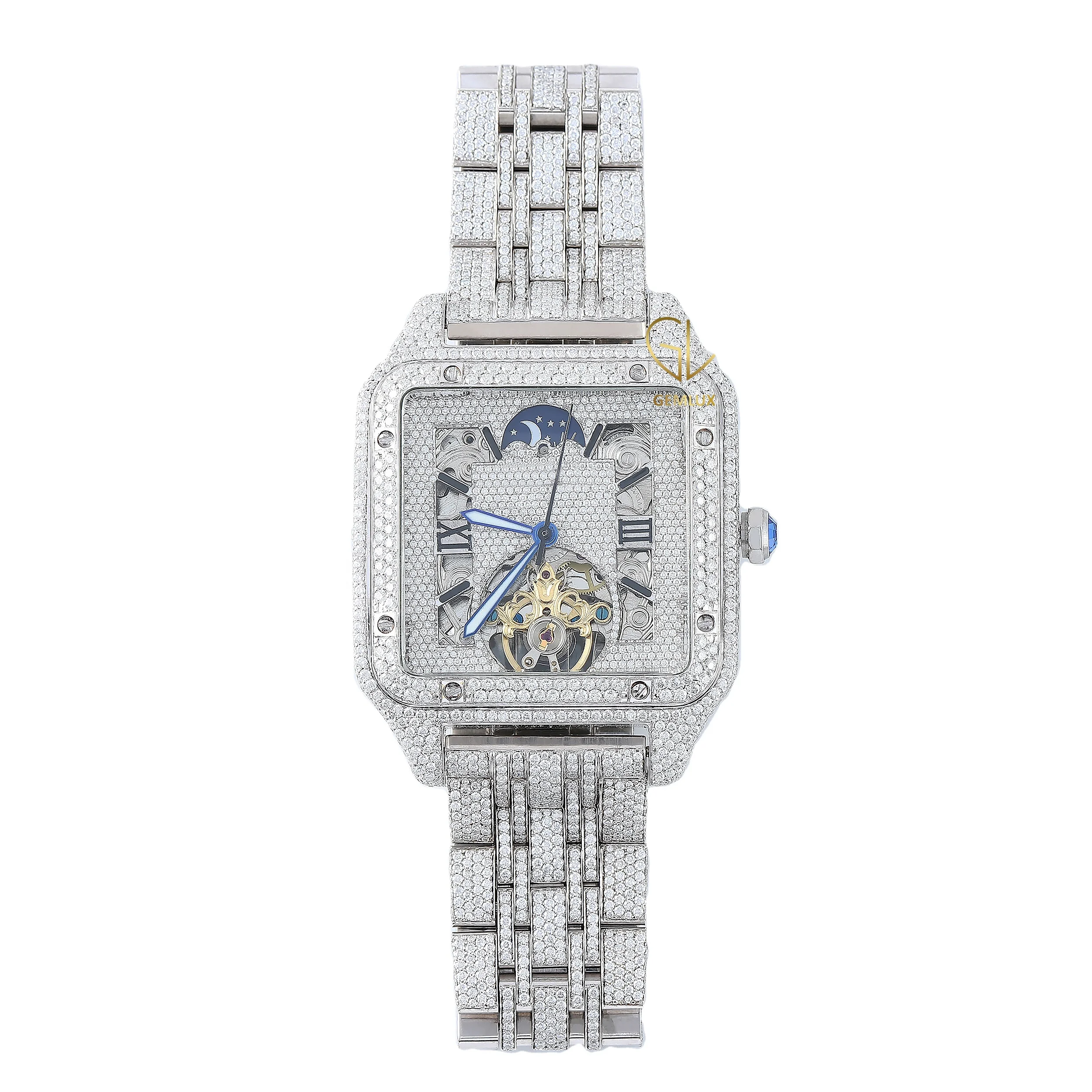 High Quality Automatic Handmade Custom design  Iced Out Stainless Steel Hip Hop style natural Diamond men Watch For Export