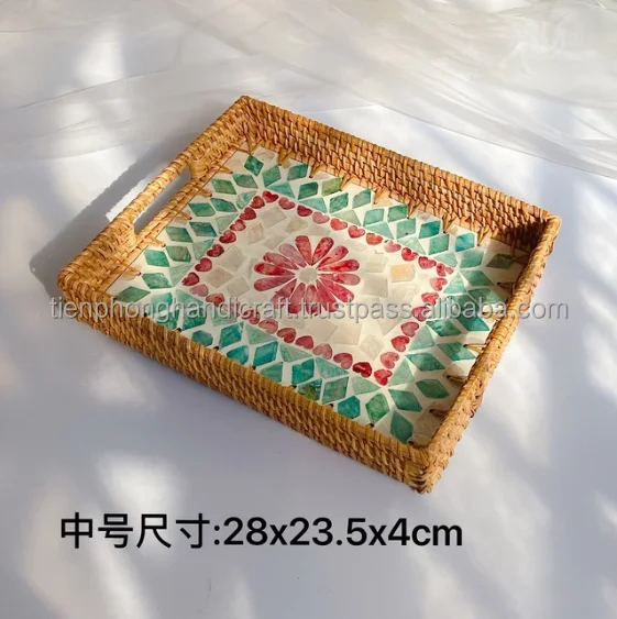 NEW FASHION 3 Sizes Mother of Pearl Rattan Tray | Natural Tray, Rattan Serving Tray for Livingroom Bedroom Kitchen