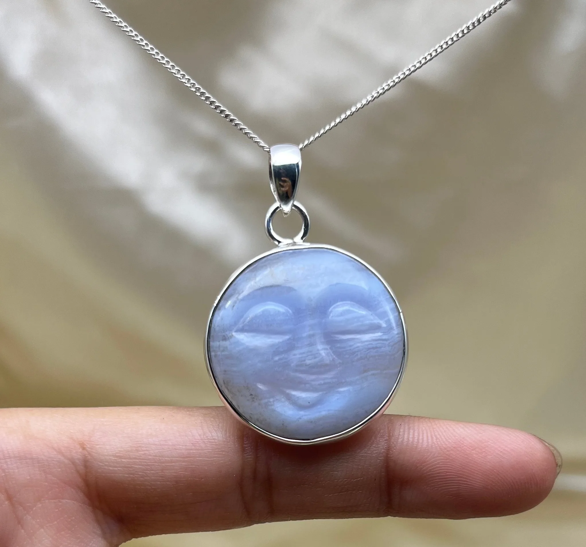 Natural Blue Lace Agate  Moon Face Pendant 925 Sterling Silver Pendant Necklace Lace Agate  Pendant Smiley Face Carved Gemstone