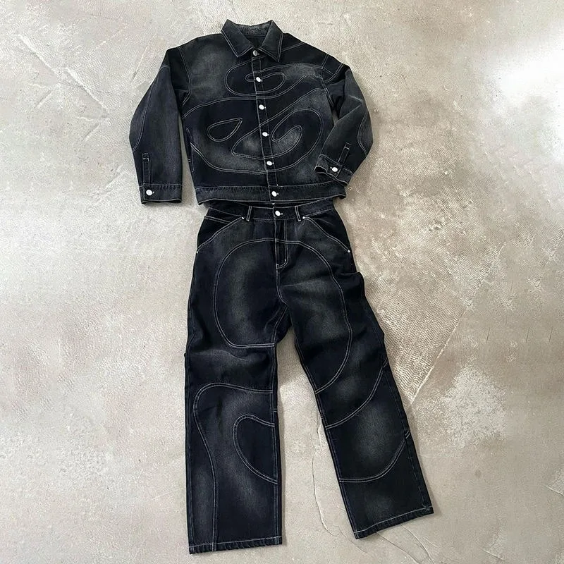 custom outfits denim jeans jacket sets customized man clothing street wear high quality denim pants sets panel work denim men