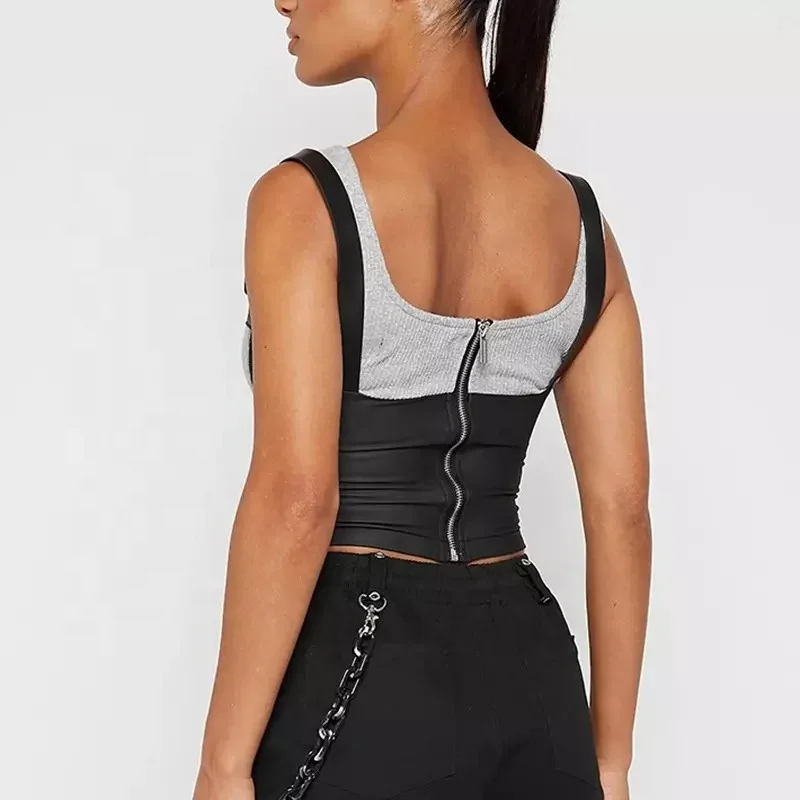 Fashion vest PU leather stitching sleeveless short zipper jacket discipline corset women