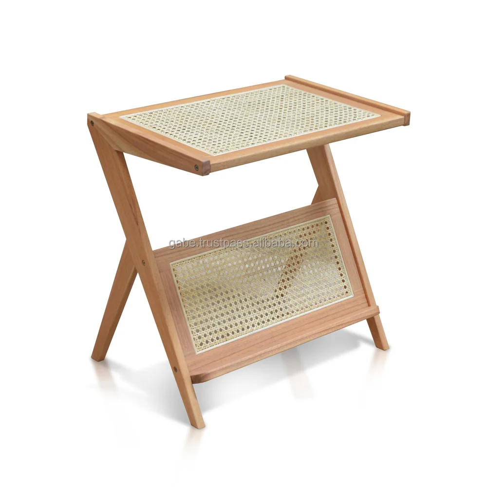 Side Table for laptop stand Mini Solid wood Natural with rattan combination