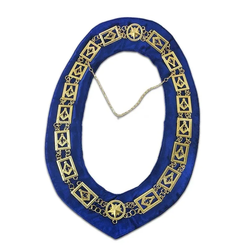 Masonic master Mason chain collar blue velvet backing G silver plated compass and square with Masonic emblems metal
