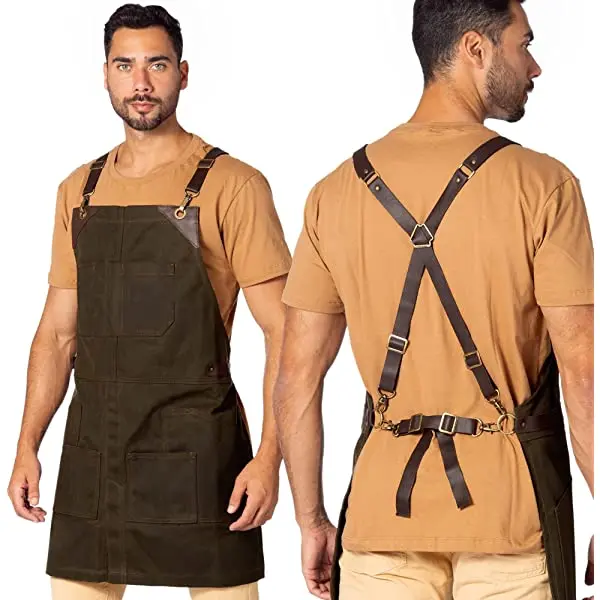 Hot sale restaurant work uniforms shop overalls denim apron with tool pockets for barista barber apron for men