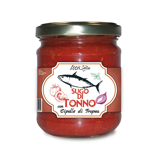 100% Italian Handmade White Tuna Sauce with Tropea Onion Seafood Condiment in Glass Jar Artisanal Processing