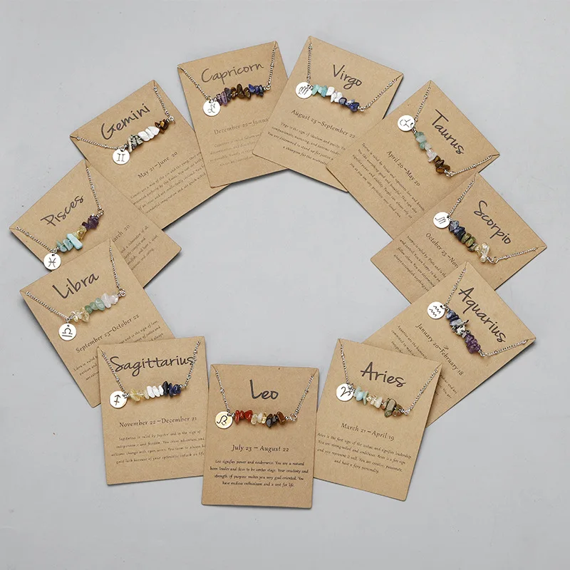 New Stainless Steel Original Stone Pendant 12 Constellations Gravel Combination Zodiac Necklace With Paper Card