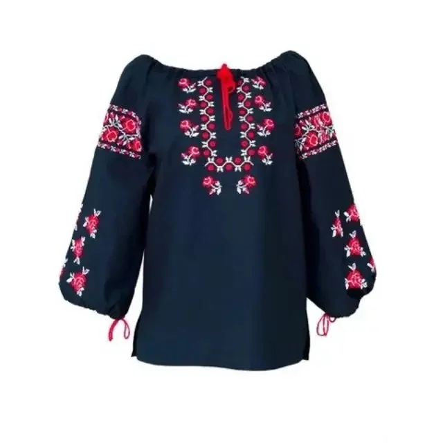Vintage Romanian Summer Cotton Blouse Embroidered Long Sleeves O-Neck Top Patterned Drawing Logo Back  Fashion Shirt