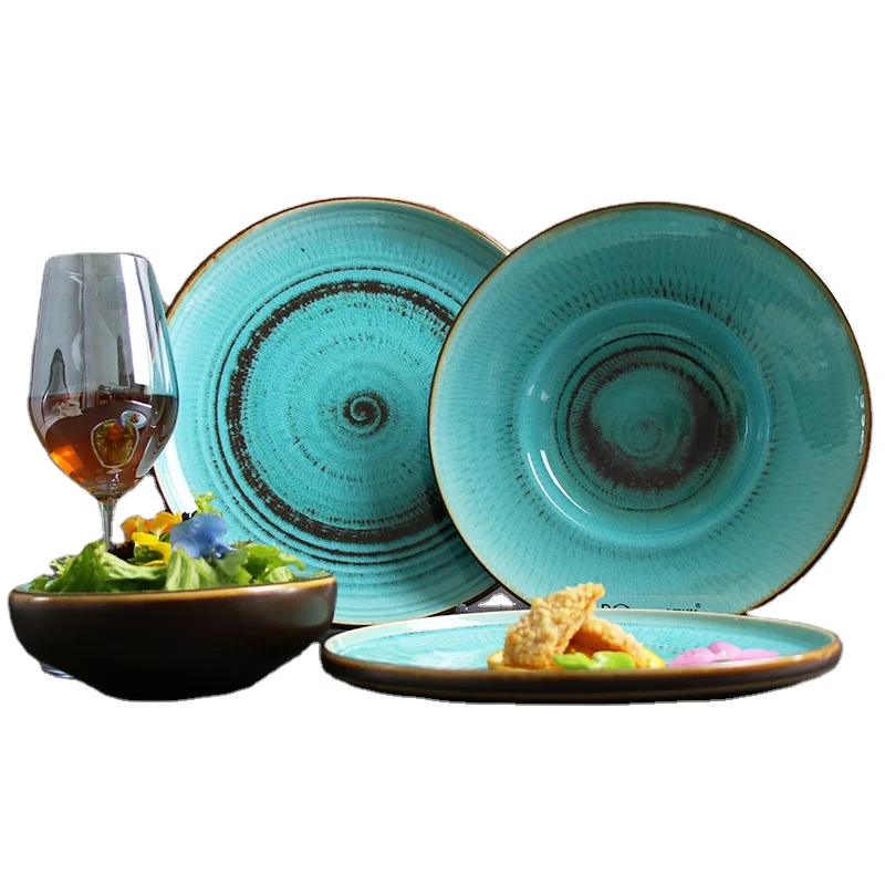 Microwave Oven Safe Porcelain ceramic tableware Under Glaze Turquoise Green Dinnerware Set Plates for Restaurant Crockery