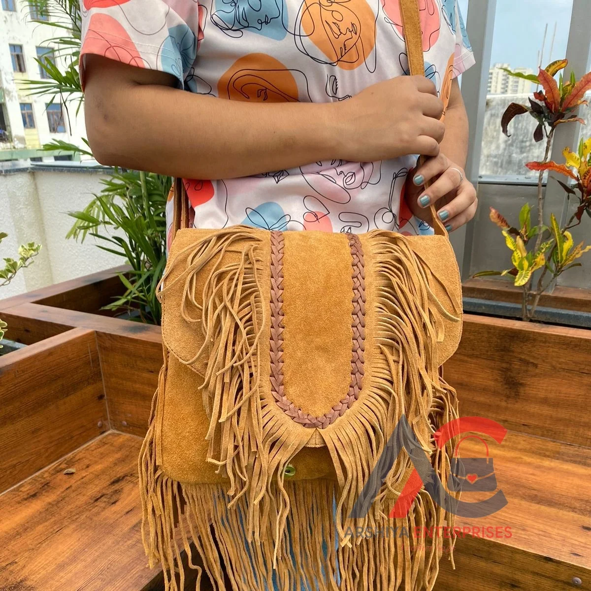 Boho Fringe Suede Leather Bag Hippie Tassel Tan Western Crossbody Purse Handmade 100%Genuine Leather Handbag with Shoulder Strap