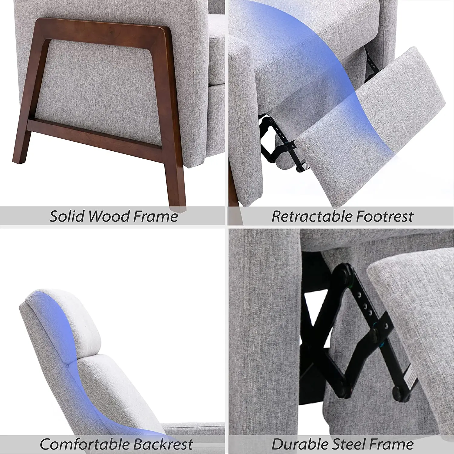 THLCr - 0029 Upholstered Recliner Chair with Thick Seat Cushion and Backrest Wood Greywood Accent Armchair for Living Room