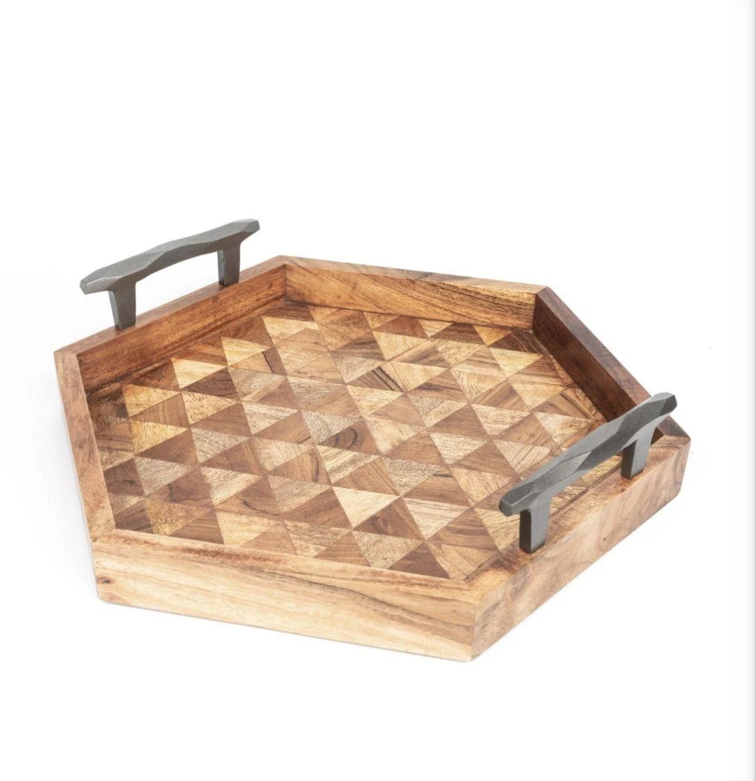 Handmade Hexagon Mosaic Mango Wood Serving Tray Decorative Product from India