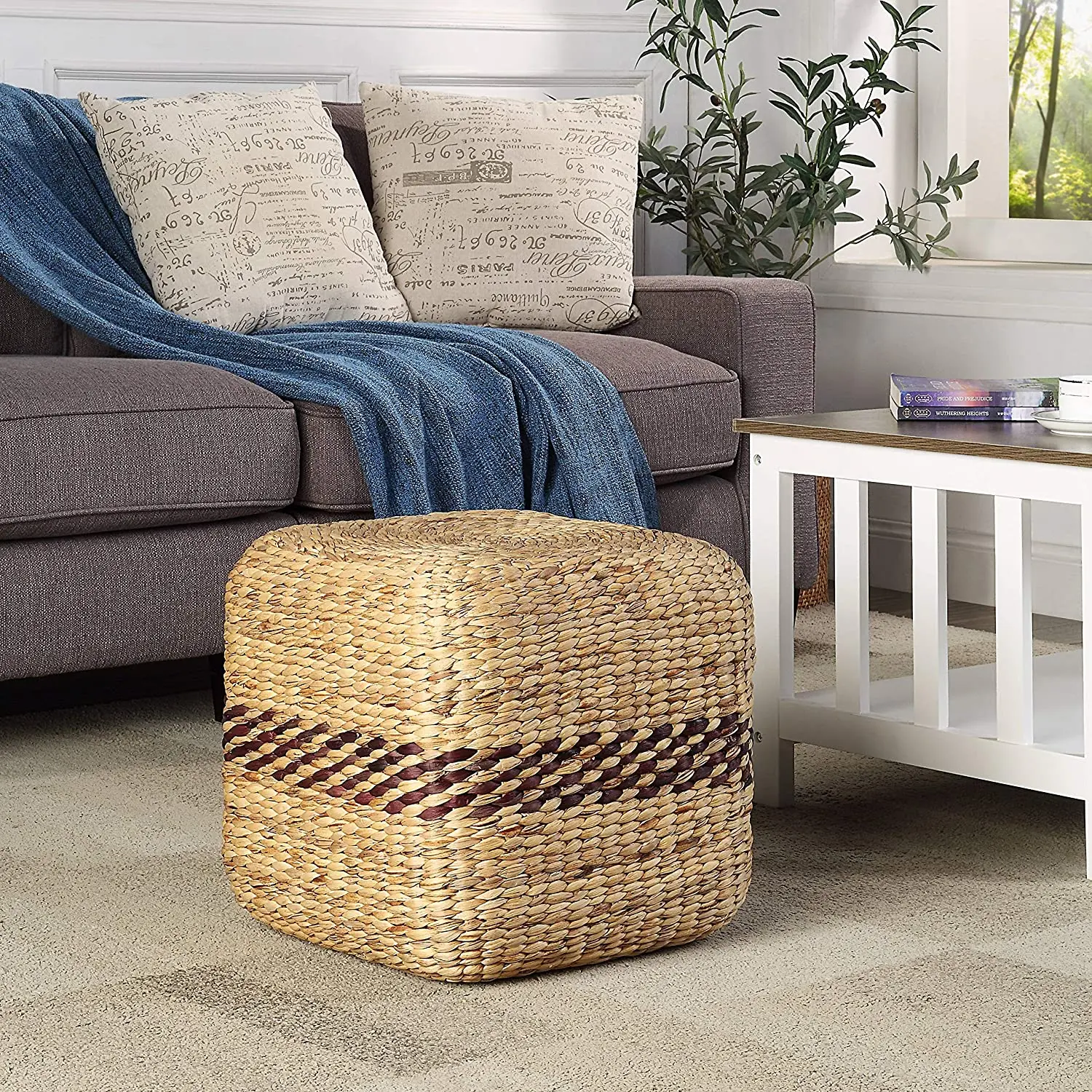 Handbraided natural ottomans water hyacinth floor cushion seat chair square ottoman living room poufs