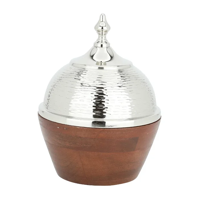 Trending Arabic Calligraphy Style Hammered Canister In Metal With Wooden Stand For Wedding Hotel Table Top Serving Use Canister