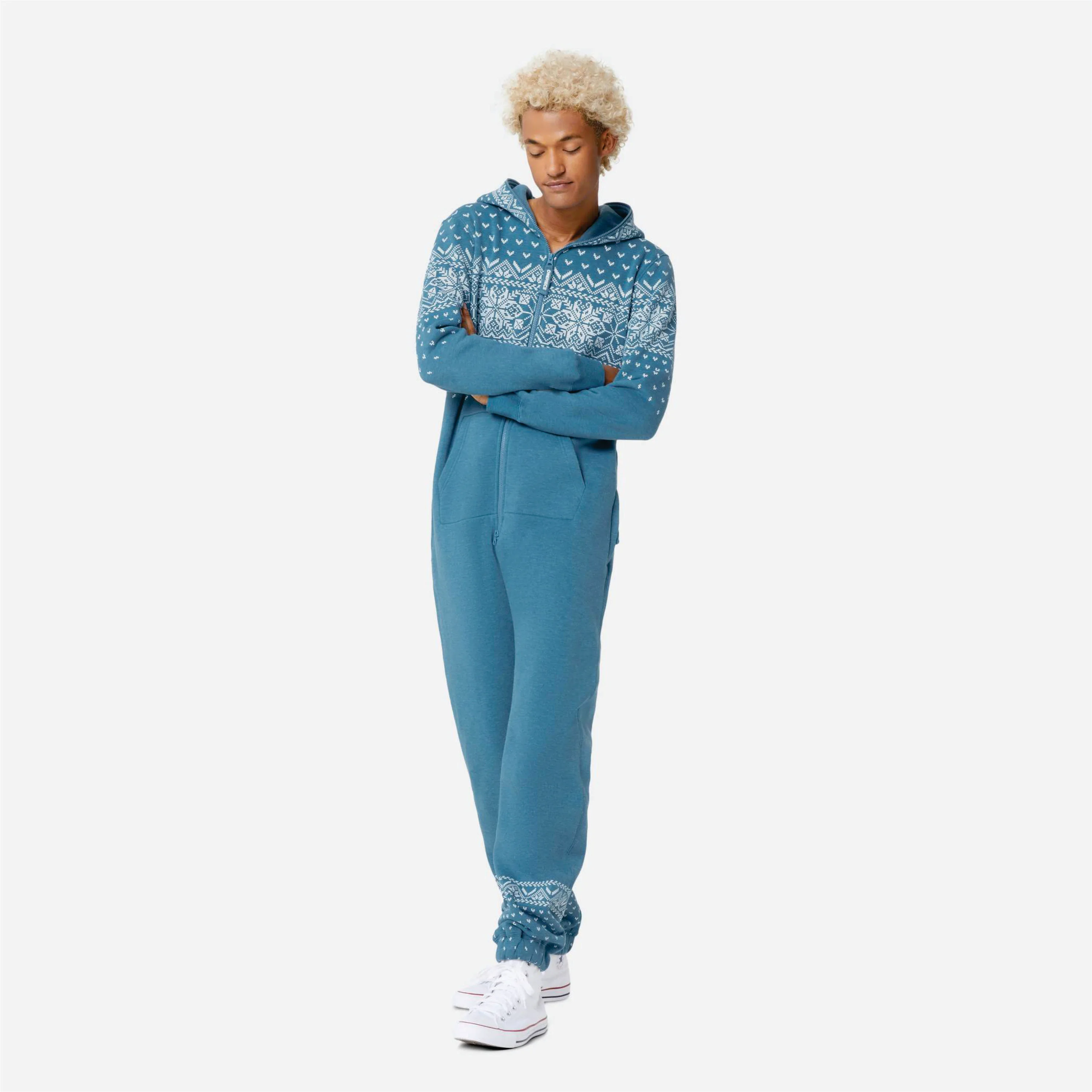 Print Detail and Embroidered Logo 50% Polyester 50% Cotton Side Pockets with Zipper Closure Unisex Faded Blue Alpine Jumpsuit