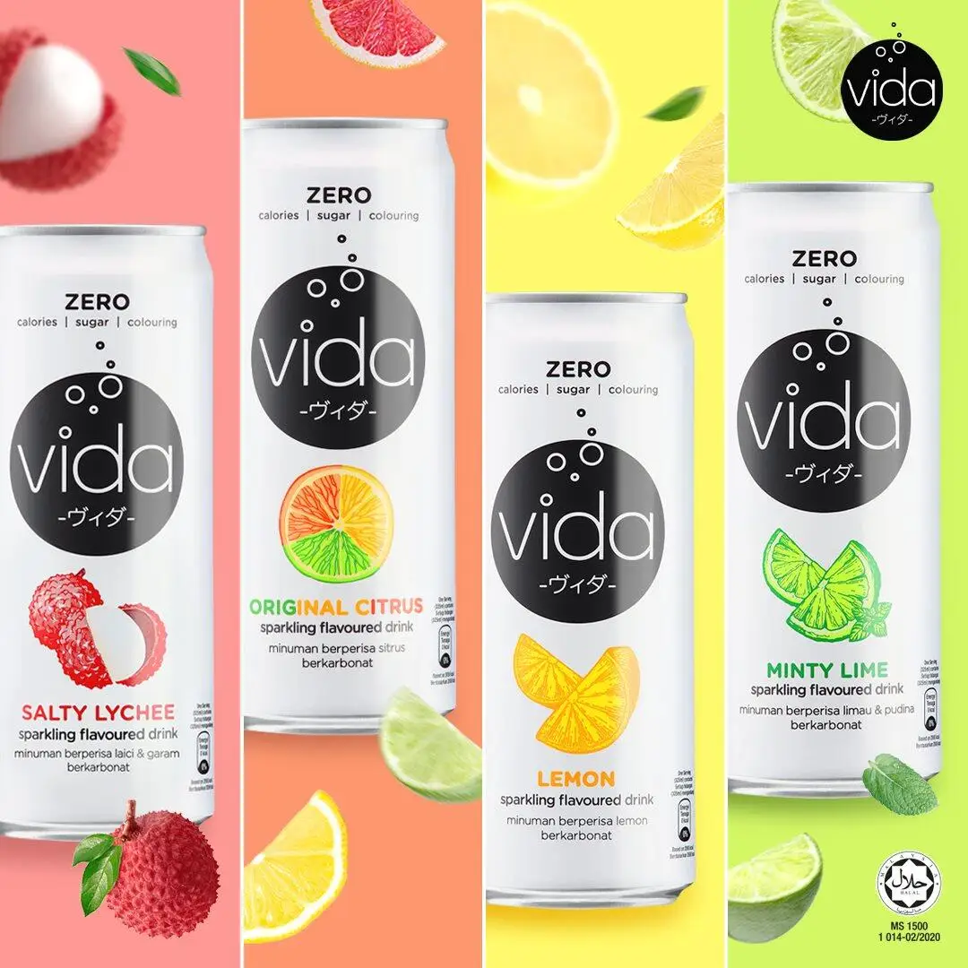 Vida Zero Sparkling Drink - 5 Flavors (325ml x 24 Cans) Salty Lychee/ Minty Lime/ Original Citrus / Lemon / Sakura