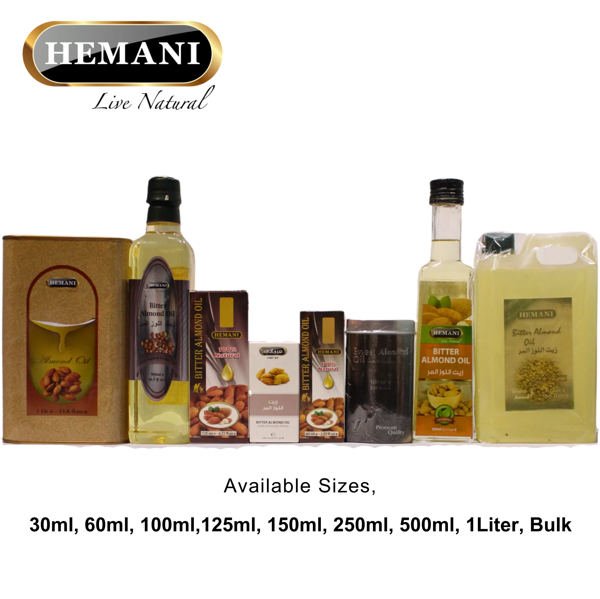 100% Pure & Organic Cold Pressed Hemani BITTER ALMOND OIL, Hair Face Body Skin Cosmetics, Sizes - 30ml 100ml 500ml 1 Liter Bulk