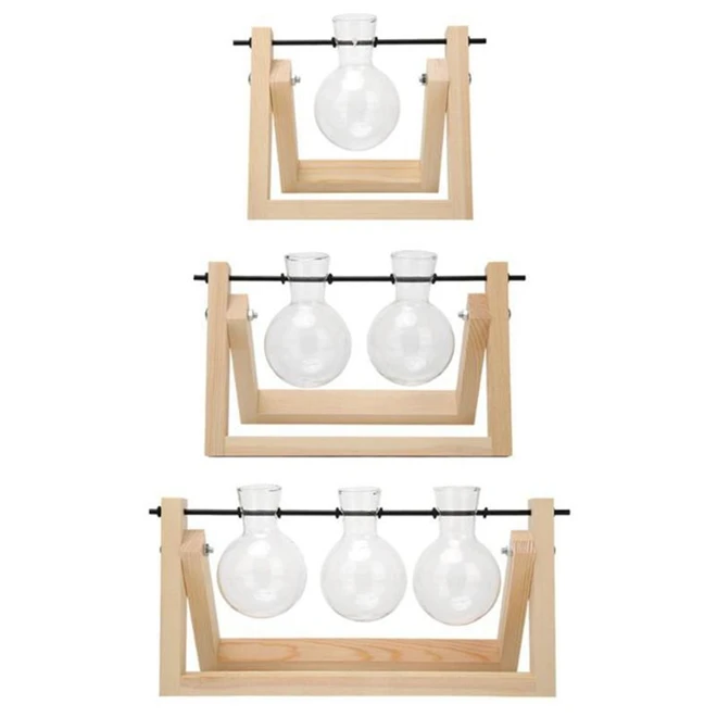 Desktop Hydroponic Plants Planter Propagation Station Wooden Terrarium Vase Stand Plant Cuttings Holder Hanging Glass Bulbs Pot