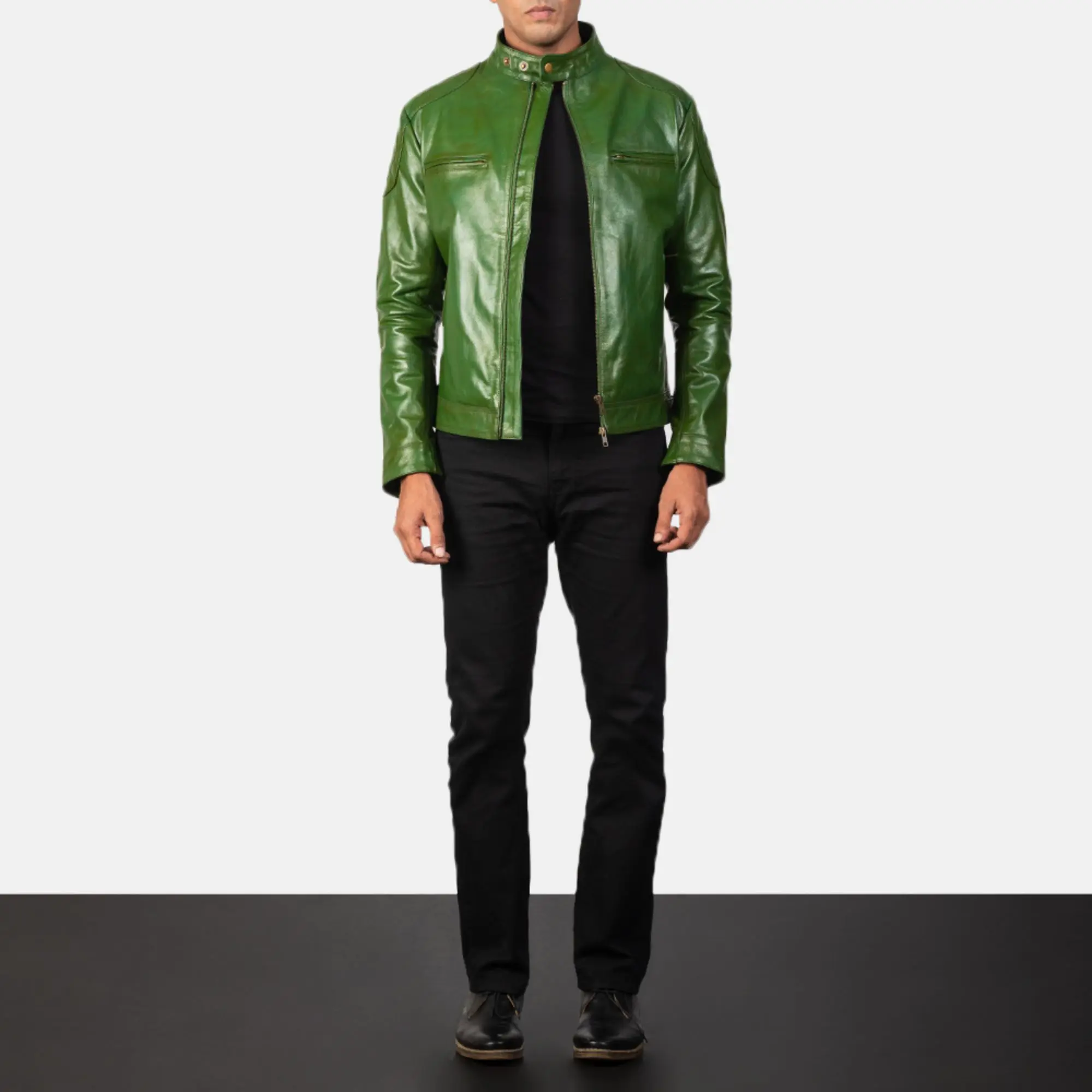 Real Leather Sheepskin Aniline Zipper Gatsby Green  Men Biker Jacket with Quilted Viscose Lining and Inside Outside Pockets