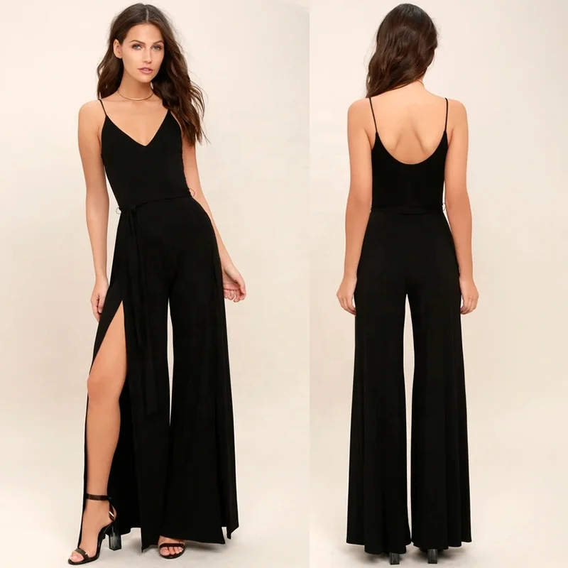 Custom women summer suspenders V neck black fashion ladies wide leg spaghetti strap jumpsuits