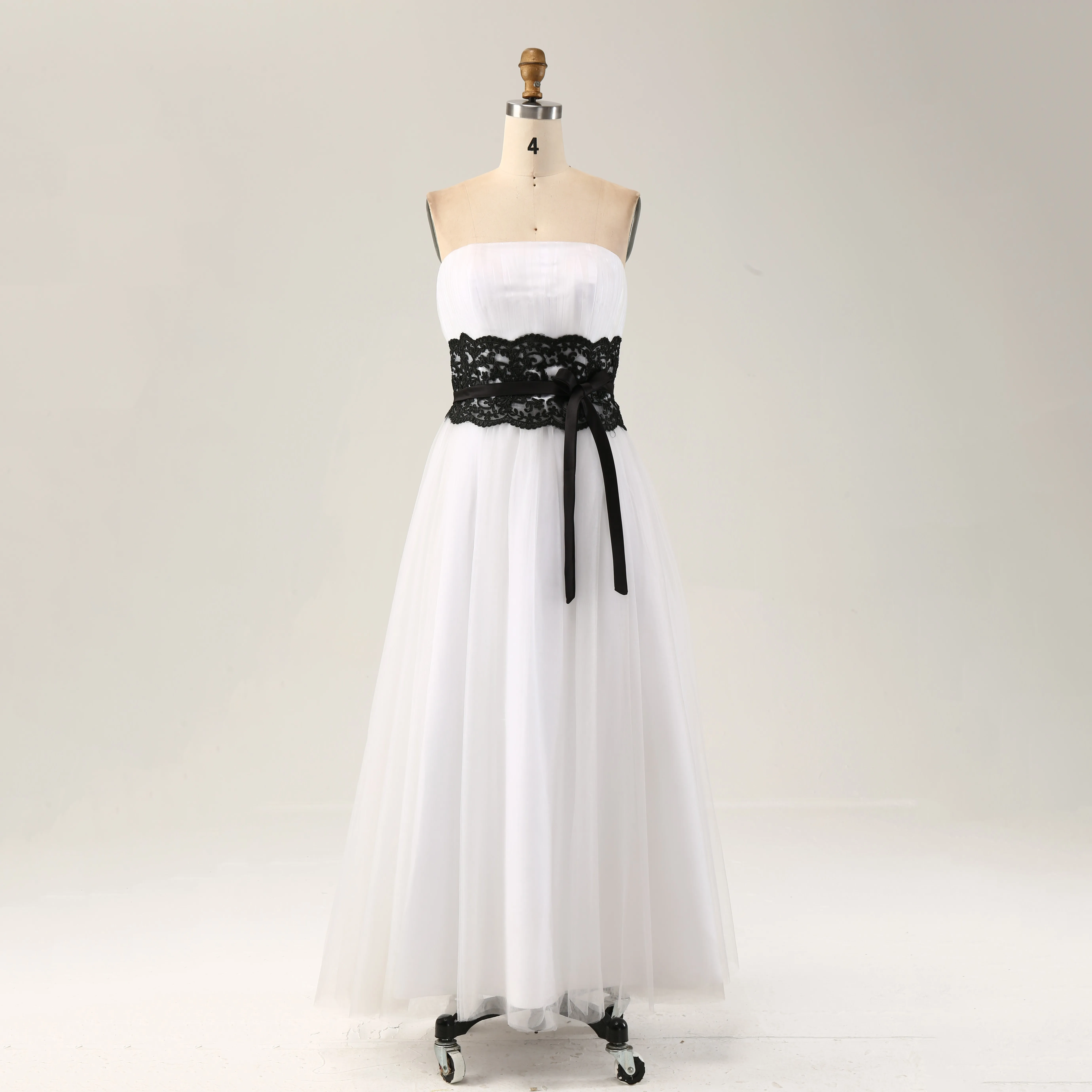 White Elegant Strapless Tea Length Formal Women Wedding Dresses Empire Waist A-Line Tulle Lace Long Bridal Gown