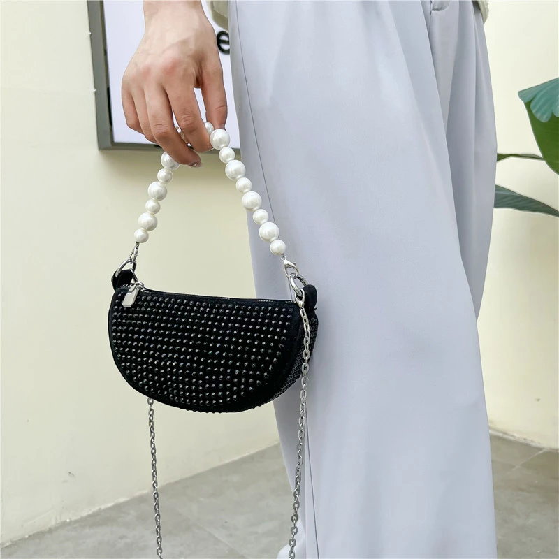 Fashion Beaded Glitter Bling Moon Shape Purse leather Girls Cute Diamond Rhinestone Shoulder Bag for women