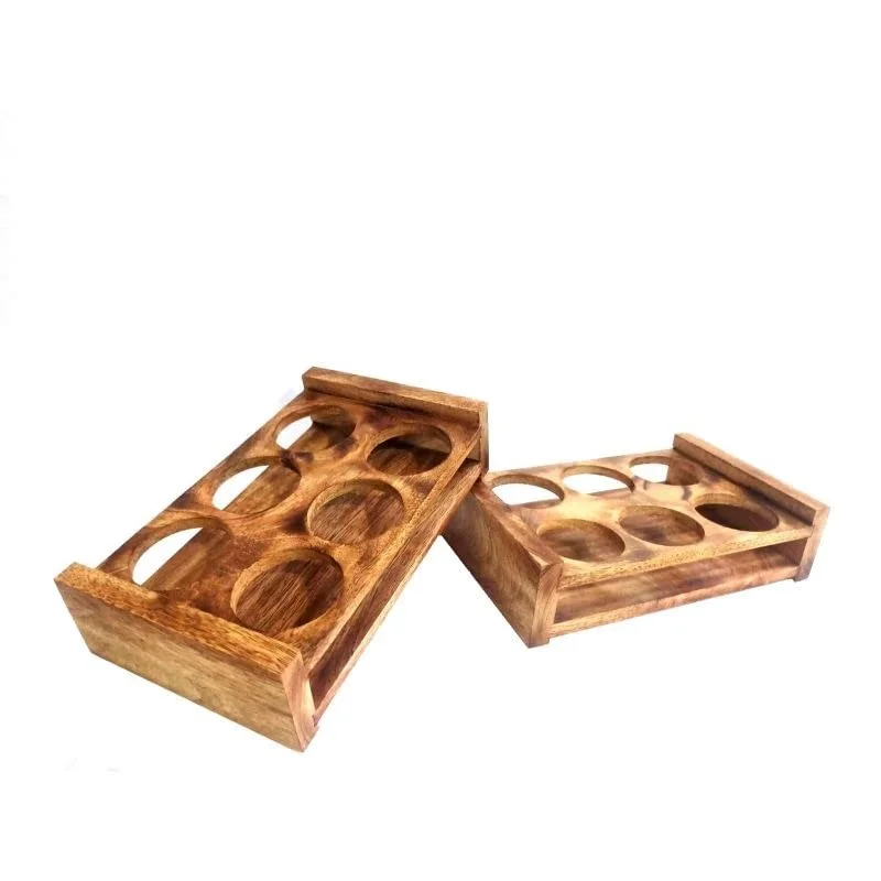 Set of 2 6Glass Capacity Glass Serving Wooden Tray With Antique Design Top Quality Wit Sizes 24x15x6.5 Cm at Cheap Prices