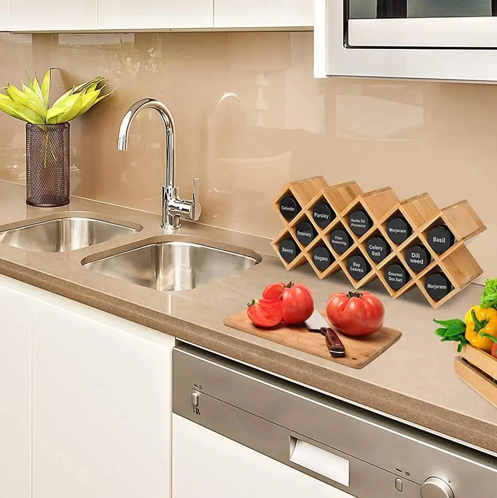 Bamboo Spice Rack Eco friendly Seasoning Jars Holder 14 Bottles Free Standing Countertop Storage Organizer Shelf for Kitchen