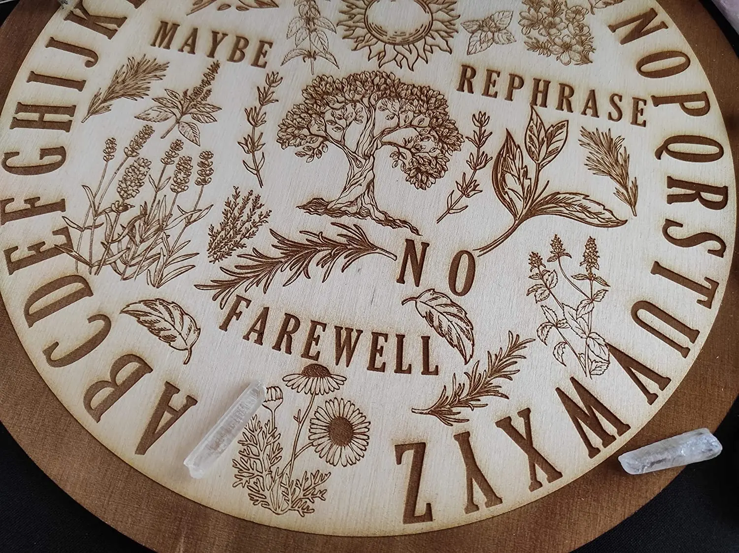 Wooden Round Ouija Board Forest Spirit Board with Herbal and Tree Floral Gothic or Witch Decor Spirit Game Divination Tools