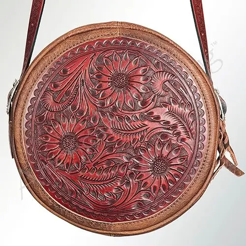 Round Bag High Quality Cowhide Floral Hand Tooled Designer Western Canteen Bag Hand Carving Bag At Best Price