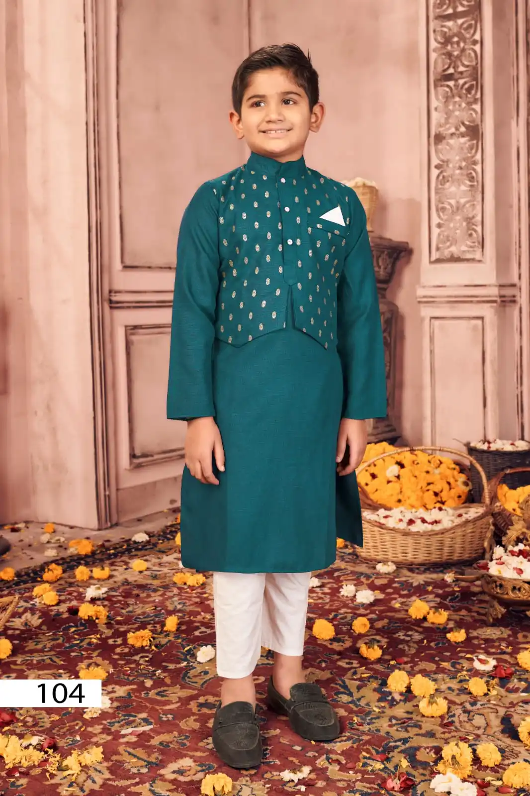 Kids Indian Wedding Wear Set with Cotton Jacket and Green Kurta Pajama