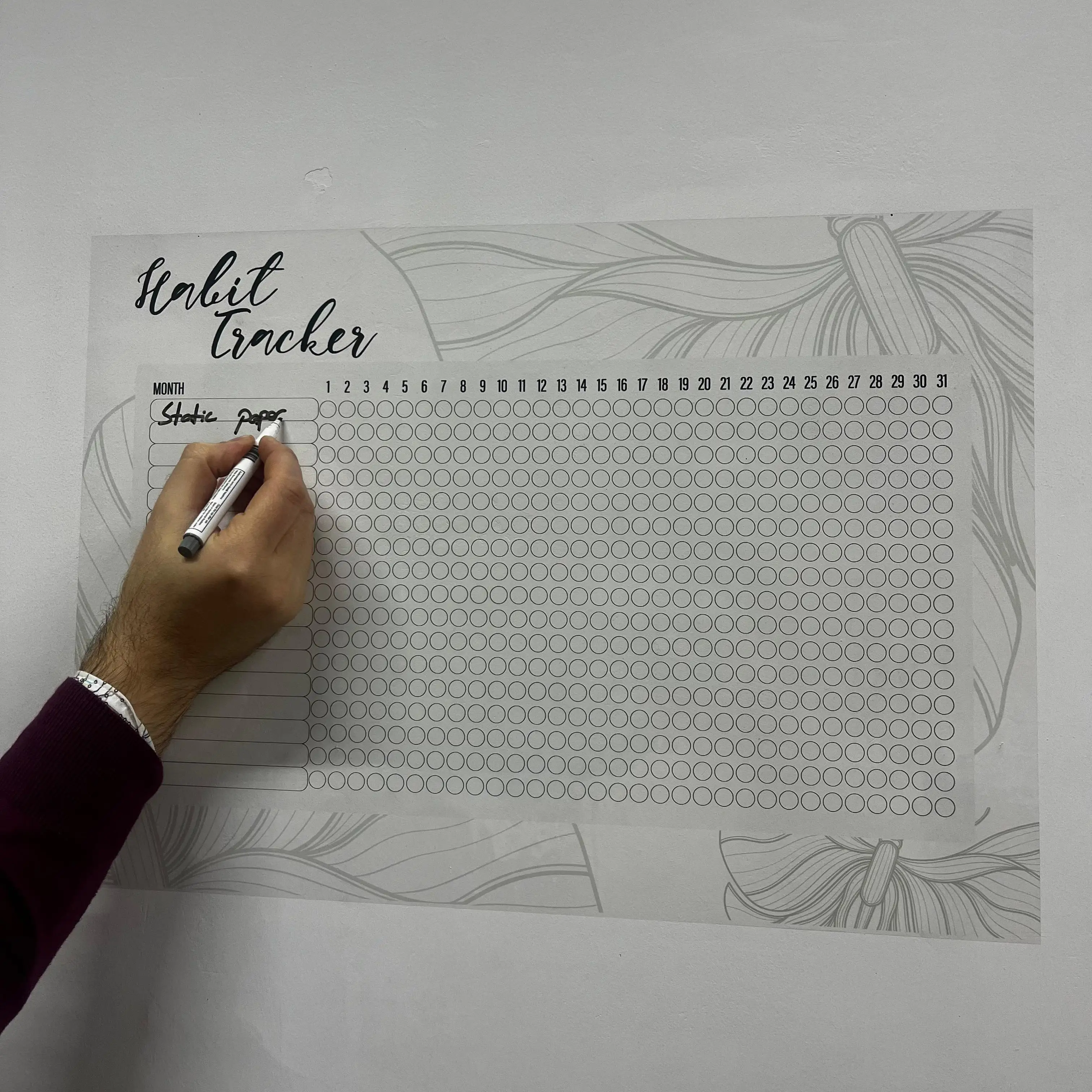 Reusable Monthly Planner Organizer Model-12 Durable Polystyrene Material Dry-Erase Whiteboard Surface Static Electricity Holding