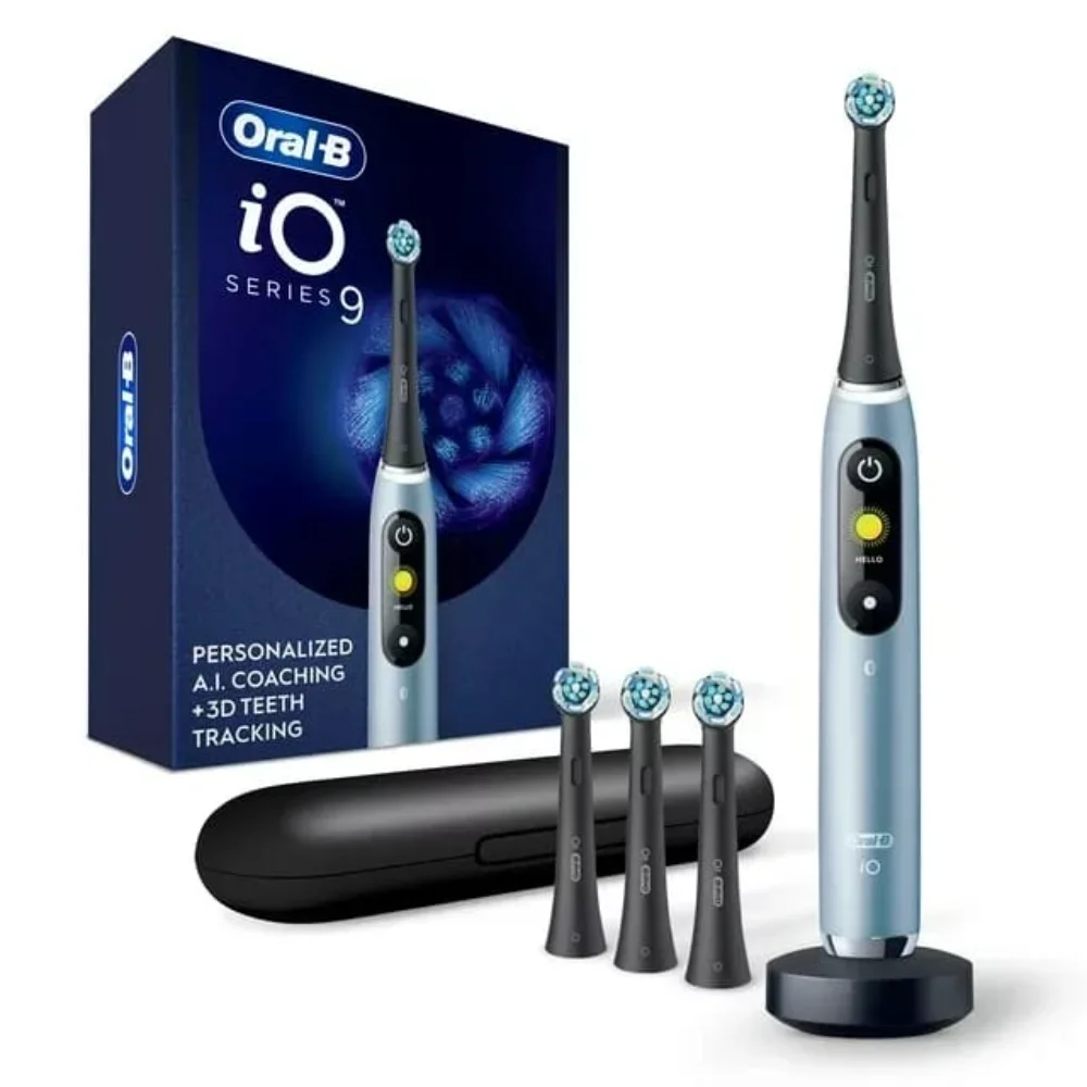 bulk Oral B iO Series 9 Rechargeable Electric Toothbrush, Aquamarine with 4 Brush Heads and Travel Case , 7 Cleaning Modes