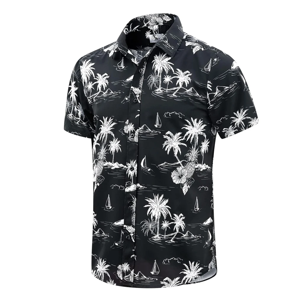 High Quality Polyester printed  beach  Shirt  Bleach Design black and white color  Print Men  Shirt For Sublimation