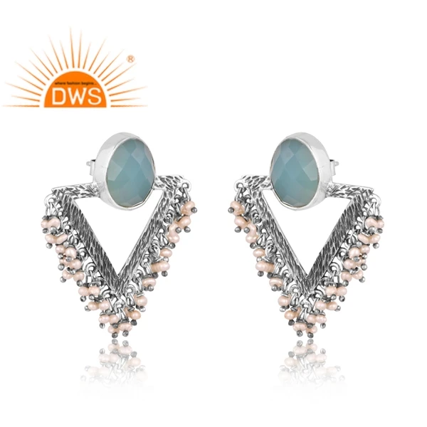Hot Design 925 Sterling Silver Natural Aqua Chalcedony & Pearl Gemstone Earring Custom Jewelry Supplier